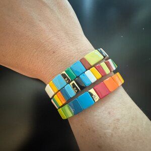 Roxanne Assoulin--multicolor & gold stretch enamel bracelet set of 3